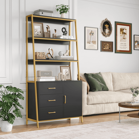 Homfa 3 Tier Display Storage Shelves with 3 Drawers, Gold Metal Frame Bookshelf, Black Finish