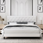 Homfa King Bed Frame, White Faux Leather Upholstered Button Tufted Low Profile Platform Bed Frame with Adjustable Headboard for Bedroom