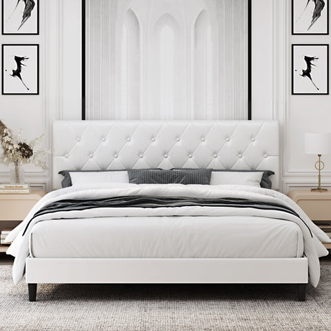 Homfa King Bed Frame, White Faux Leather Upholstered Button Tufted Low Profile Platform Bed Frame with Adjustable Headboard for Bedroom