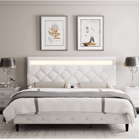 Homfa Full Size LED Bed, LED Lights Upholstered Bed Frame with Adjustable Crystal Button Tufted Headboard, White