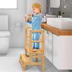Homfa Kitchen Step Stool for Toddlers, Kitchen Helper Standing Stool Adjustable Height, Learning Tower with Safety Rail, Mother¡¯s Helper, Natural Solid Bamboo Construction