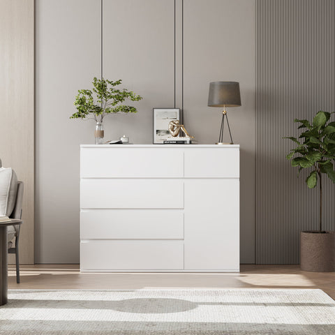 Homfa 5 Drawer Dresser with Door, Modern Storage Cabinet for Bedroom Living Room, White Finish