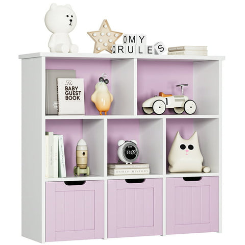 Homfa 5 Cube Bookcase with 3 Drawer, Open Display Bookshelf with Wheels, Pink