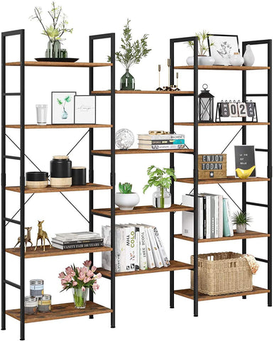 Homfa Triple Wide 5-Tier Display Bookcase, Large Industrial Wood Storage Shelf with Metal Frame for Living Room, Brown Finish