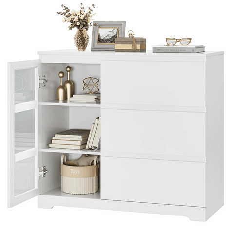 Homfa 3 Drawer Sideboard, Wooden Storage Cabinet with Glass Door, Modern Handleless Organizer for Living Room, White Finish