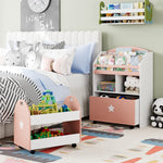 Homfa Kids Bookshelf with Drawers, Toy Storage Organizer with Rolling Carts, Bookcase for Kids Bedroom, Pink and White