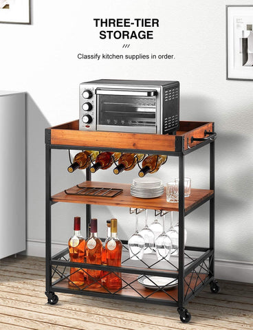 Homfa Bar Cart for Home, Rolling Wood Metal Wine Cart with Glass Holder Wine Rack, Kitchen Serving Cart with Removable Top Tray, Brown