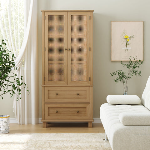 Homfa Storage Cabinet with Rattan Doors, Tall Cabinet Rattan Cabinet with Drawers, Accent Versatile Cabinet for Living Room, Oak