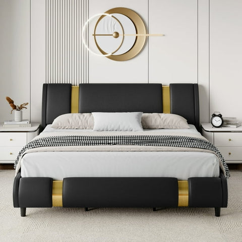 Homfa Full Size Bed Frame, Modern Leather Upholstered Platform Bed Frame with Adjustable Headboard, Black & Gold