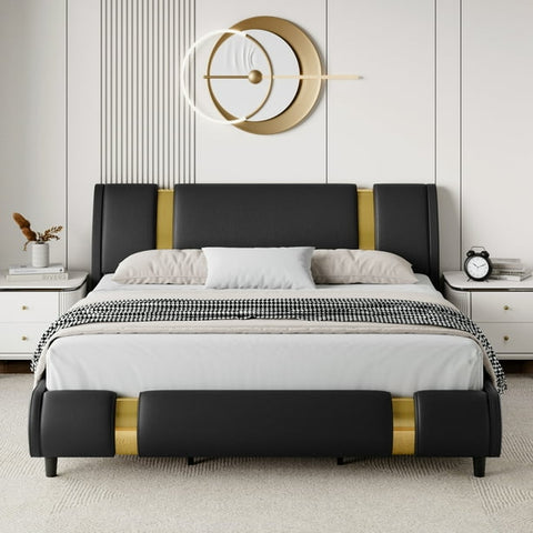Homfa Queen Size Bed Frame, Modern Leather Upholstered Platform Bed Frame with Adjustable Headboard, Black & Gold