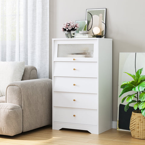 Homfa 4 Drawer Dresser with Glass Door, Chest of Drawers Storage Units Organizer for Living Room Entryway Bathroom, White