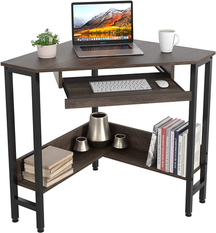Computer Corner Desk, Homfa Triangle Working Table with Smooth Keyboard Tray, Dark Brown