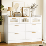 Homfa 7 Drawer White Dresser for Bedroom, Chest of Drawers with Glass Panel, Wood Storage Cabinet with Easy Pull Out Handles for Living Room