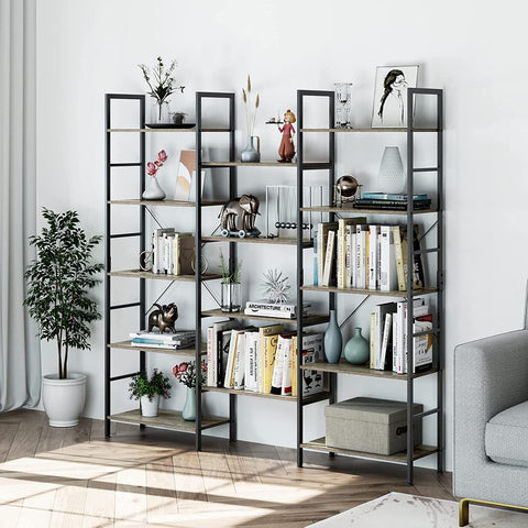 Homfa 5-Tier Large Bookshelf, Triple Wide Storage Shelf Home Furniture, Industrial Open Display Organizer Unit, Gray Finish