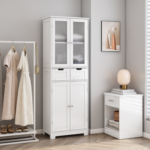 Homfa 4 Doors Linen Storage Cabinet, 3-Tier Wood Tall Cabinet Cupboard with 2 Drawers for Living Room Bathroom, White