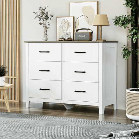 Homfa 6 Drawer Double Dresser, White Chest of Drawers for Living Room, Wood Storage Cabinet with Easy Pull Out Handles for Bedroom