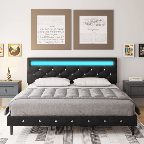 Homfa Full Size LED Bed, LED Lights Upholstered Bed Frame with Adjustable Crystal Button Tufted Headboard, Black