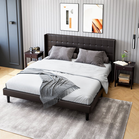 Homfa King Bed Frame, Modern Bed Frame with Wing-Back PU Leather Upholstered Headboard, Wood Slat Support, Black Brown