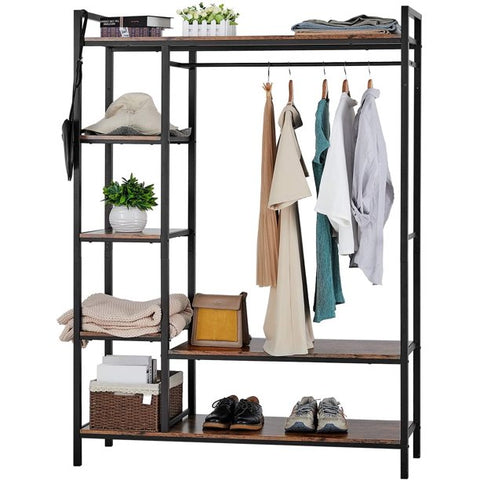 Freestanding Closet Organizer Heavy Duty Clothing Rack, Garment Rack with Shelves for Hanging Clothes, Wardrobe Closet Storage, Industrial Brown