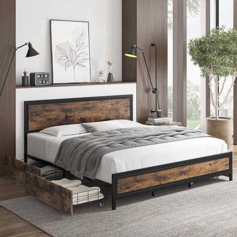 Homfa King Size Bed Frames with 4 Large Drawers, Metal Framed Platform Bed with Wood Grain Headboard and Rivet Decor, Rustic Finish