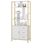 Homfa Bookshelf with Drawers, Gold Shelves with Doors, White Tall Bookcase for Home Office