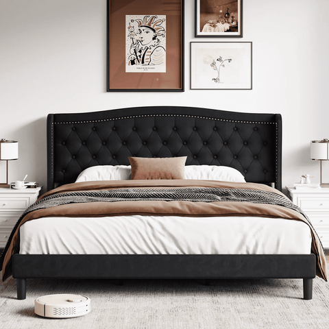 Homfa King Size Bed Frame, Modern Bed Frame with Wing-Back Button Tufted Upholstered Headboard, Wood Slat Support, Black