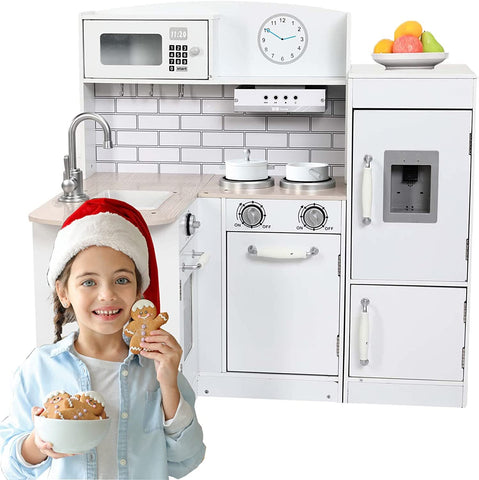 Homfa Kids Kitchen Playset Girls&Boys| Pretend Cooking Toy Kitchen Set| Wooden Toddler Kitchen Set| White Corner Play Kitchen for Toddler Kids Gift