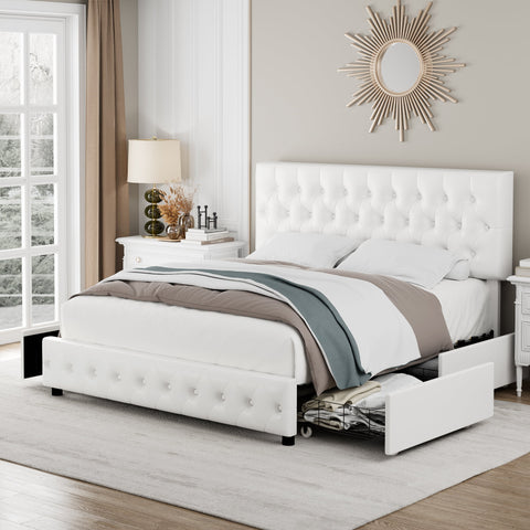 Homfa Queen Bed Frame with 4 Drawers, White Faux Leather Storage Platform Bed Frame, Upholstered with Adjustable Headboard