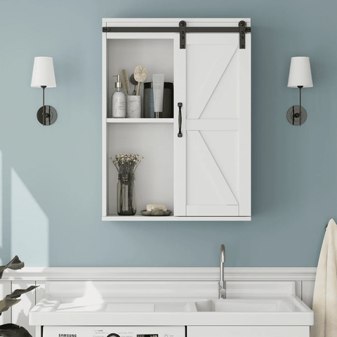 Homfa Wall Mounted Bathroom Cabinet, Sliding Door Medicine Cabinet with 5 Storage Shelves, White