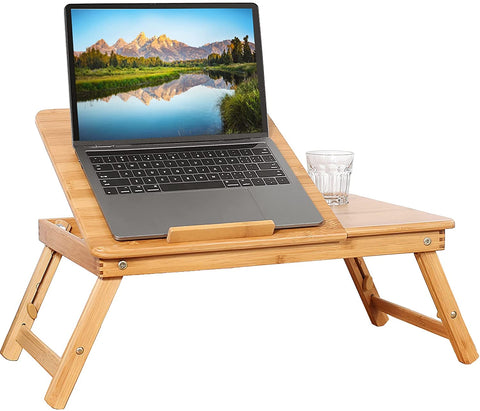 Laptop Desk, Foldable Laptop Tray for Bed 100% Natural Bamboo Breakfast Table with 4 Angles Tilting Top & Drawer, Portable Computer Desk