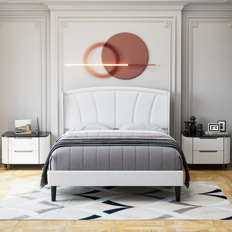 Homfa Full Size Platform Bed Frame, PU Faux Leather Scallop Shape Upholstered Headboard with Wing-back, White